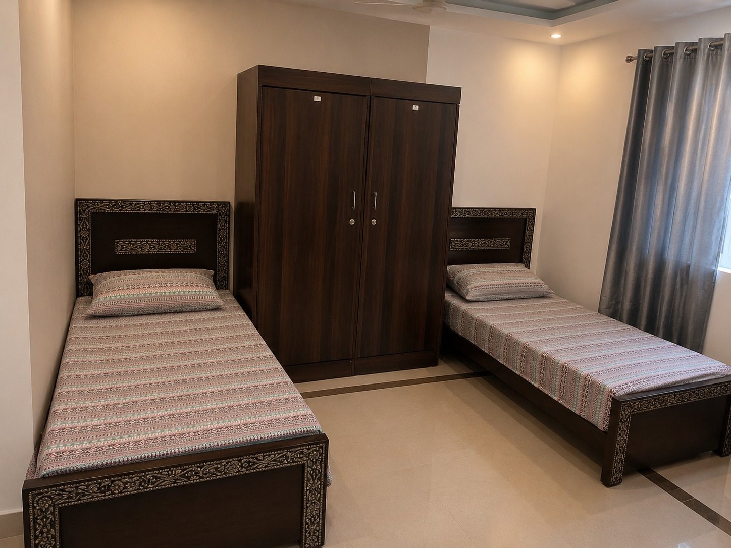 Twin beds with bedside table